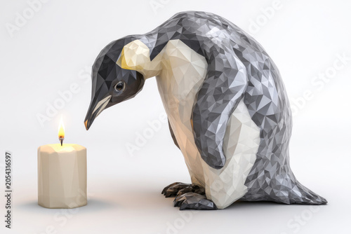 Low poly penguin looking at a small burning candle.