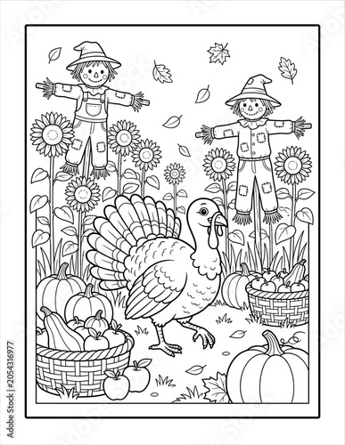 Cute turkey with scarecrows and harvest basket of fruits in north america garden.