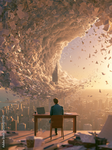 A person sits at a desk overlooking a vast city, facing a surreal vortex of papers and clouds in the sky, symbolizing overwhelming workload.