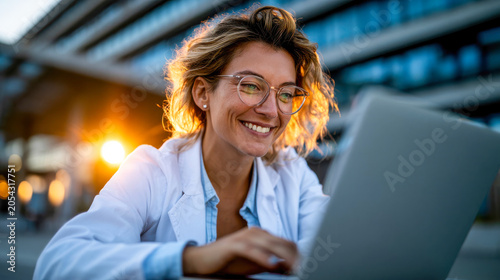 Smiling woman in lab coat and glasses working on a laptop outdoors, science, research, technology and professional success concept
