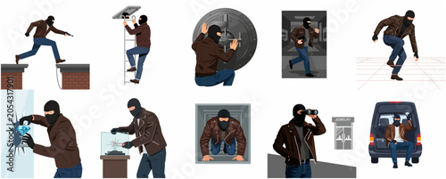 Obraz na płótnie Professional burglar and thief characters set in various robbery and heist scenes, including bank vault break-in, jewelry theft, and getaway scenes