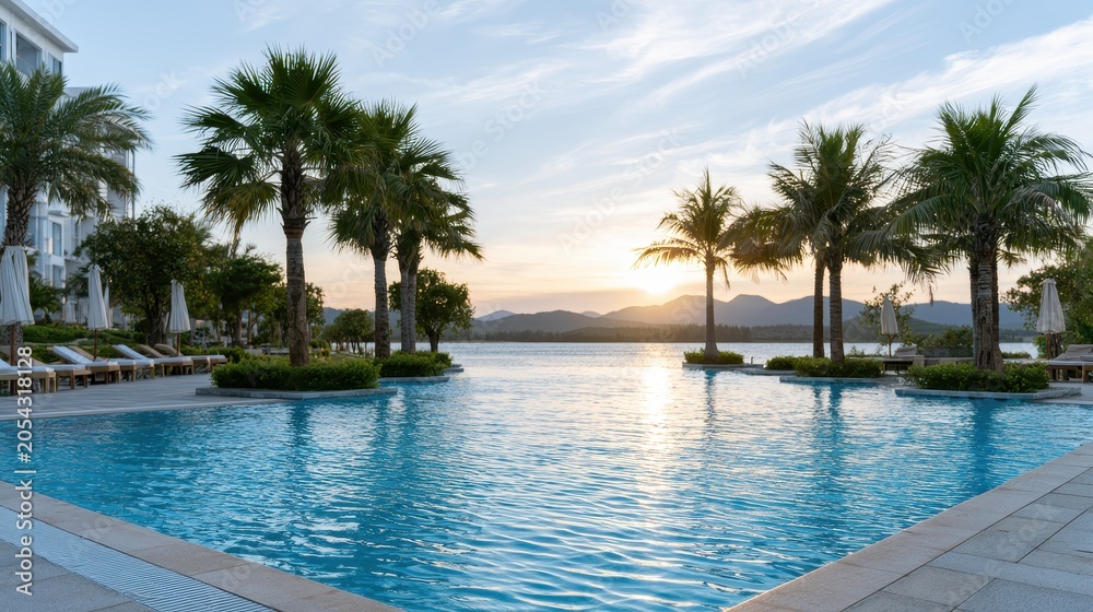 Fototapeta premium The scene shows palm trees in large pots along an empty walkway at a luxury resort during golden hour lighting