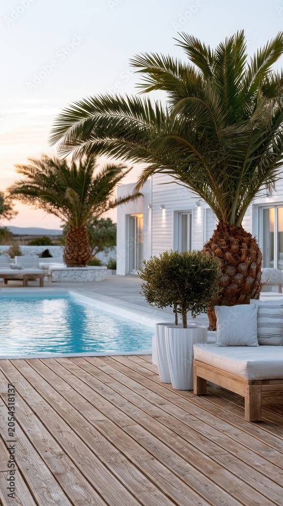 Fototapeta premium A spacious resort boasts palm trees next to a clear pool, creating an inviting scene for guests to unwind during sunset