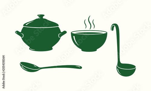 Konstfotografi Green Minimalist Soup Kitchen Utensils Set with Tureen Steaming Bowl Ladle and S