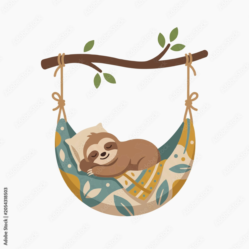 Fototapeta premium A cute sloth sleeping soundly in a hammock suspended from a tree branch. The sloth is brown and is resting on a pillow, covered by a colorful blanket with leaf patterns