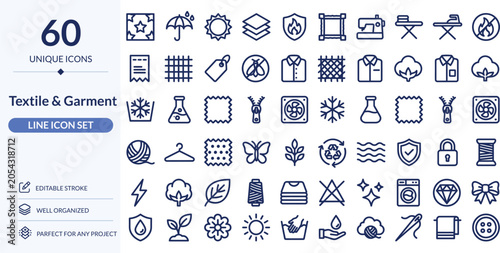 Textile & Garment Icon Set – 60 Editable Line Icons | Fashion, Fabric & Clothing Industry Vector Illustration
