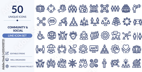 Community & Social Icon Set – 50 Editable Line Icons | Networking, People Group & Social Media Vector Illustration