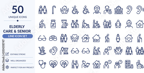 Elderly Care & Senior Icon Set – 50 Editable Line Icons | Healthcare, Old Age & Caregiver Support Vector Illustration