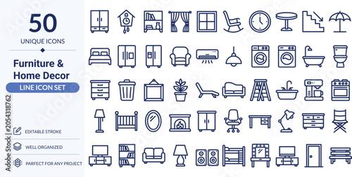Furniture & Home Decor Icon Set – 50 Editable Line Icons | Interior Design, Room & Living Space Vector Illustration