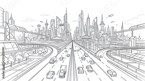Canvastavla Futuristic Cityscape with Highway and Modern Architecture