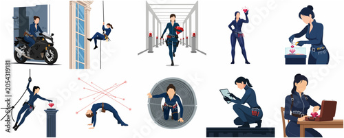 Konstfotografi Female Master Thief and Spy Character Set Performing Heist Actions Flat Vector I