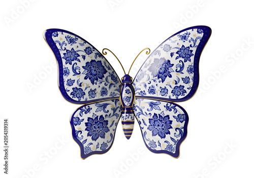 Decorative Butterfly Ornament with Blue Floral Pattern on white background , Isolated on Transparent Background, PNG, Generative AI