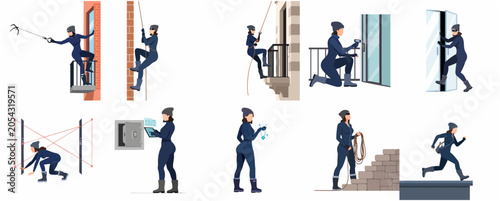 Tableau sur toile Set of professional female thief characters performing heist actions including c