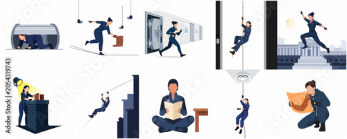 Tableau sur toile Female spy or cat burglar character in various heist action poses, flat vector i