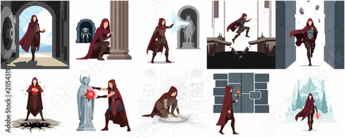 Fotografija Collection of Fantasy Female Rogue Illustrations in Hooded Cloak Exploring Dunge