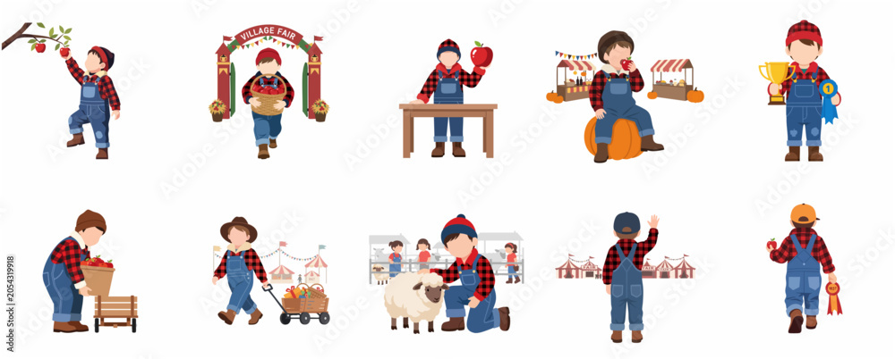 Fototapeta premium Set of vector illustrations featuring a young boy at a village fair, picking apples, petting farm animals, and celebrating autumn harvest activities in flat design style.