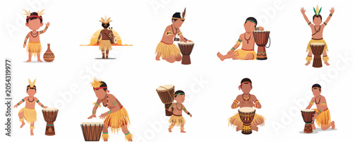 Foto Tribal Boy Character Set with Djembe Drums, Indigenous Kid in Traditional Costum