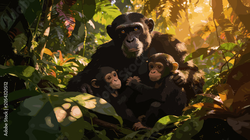 A mother chimpanzee shelters her two young offspring amidst lush, sun-dappled jungle foliage.