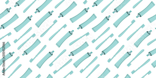 Dentistry, toothbrush and toothpaste pattern. Oral hygiene, dental care, and brushing. Taking care of your teeth. Seamless vector background.