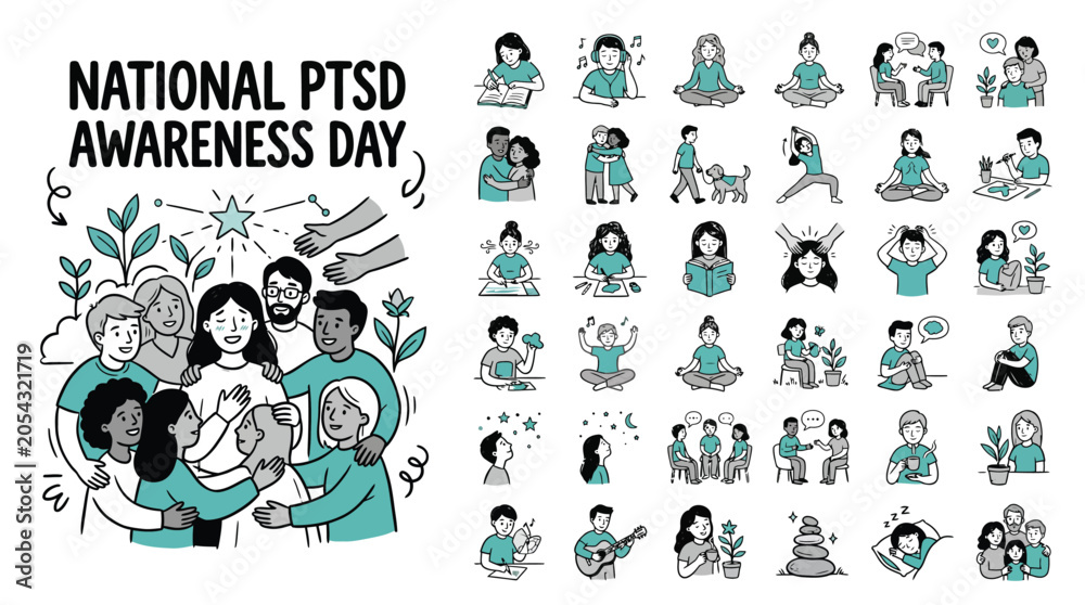 Fototapeta premium PTSD Awareness Day, National PTSD icons, Teal Ribbon Symbols, Mental Health Illustrations, Vector Graphics