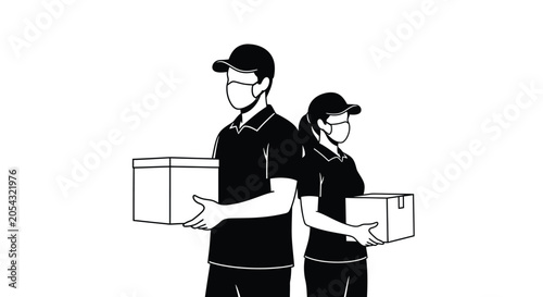 Photography Two delivery workers carrying cardboard boxes black and white silhouette courier
