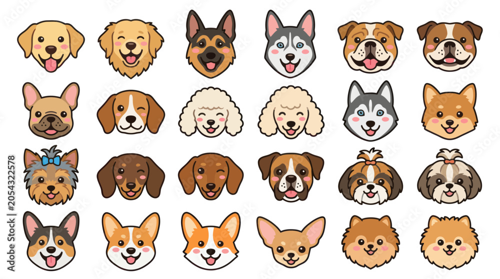 Fototapeta premium Cute Dog Faces Collection: Diverse Breeds, Cartoon Style