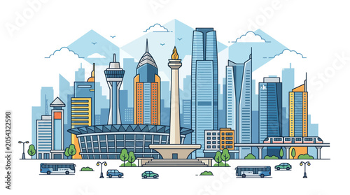 Fotografie Jakarta Skyline Vector Illustration: Modern Cityscape with Landmarks