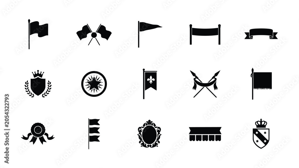 Fototapeta premium Set of monochrome vector icons featuring heraldic flags banners crests and ceremonial items.