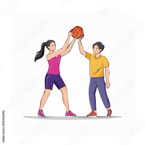 Flat Illustration of Two People Playing Basketball