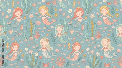 Young mermaids swim with starfish, coral, fish, and crabs on a soft blue ocean floor