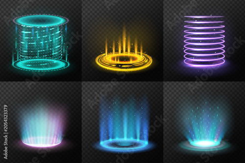 Neon Holographic 3D Glowing Objects with Light Rays – Perfect for Technology and Digital Design. Modern Futuristic Effects Ideal for Creative Media