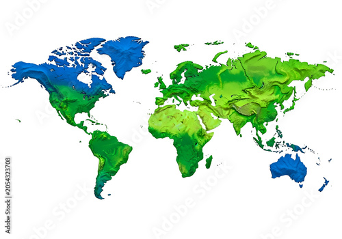 Topographic World Map with Continents in Green and Blue Colors on White Background on white background , Isolated on Transparent Background, PNG, Generative AI