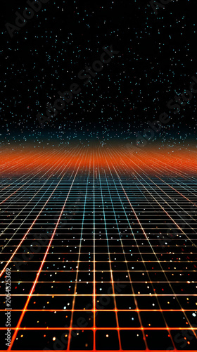 Futuristic digital landscape with glowing neon grid stretching into the distance under a starry night sky. Retro 80s inspired sci fi background with vibrant orange and red hues