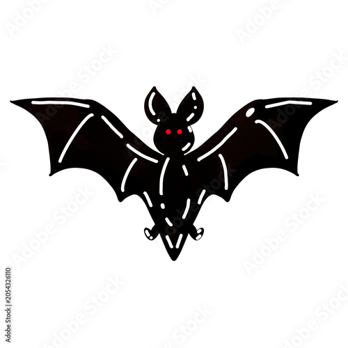 Cute black bat illustration with red eyes, spooky flying arachnid vampire character with highlights