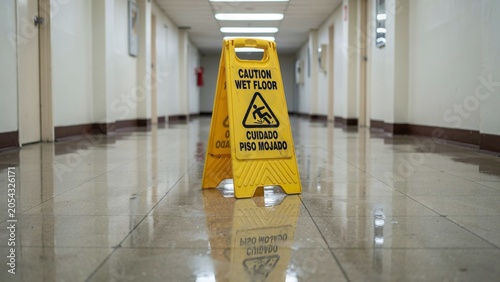 Yellow Caution Wet Floor Sign in Office Corridor for Workplace Safety and Accident Prevention