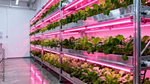 Indoor vertical farm with plants growing