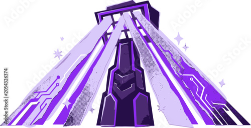 Quadro em tela Futuristic cyber tower with purple light beams, sci-fi data transmission obelisk