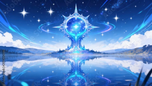Stylized glowing structure by lake