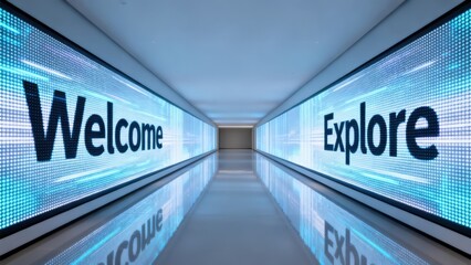 Long corridor with digital welcome and explore signs