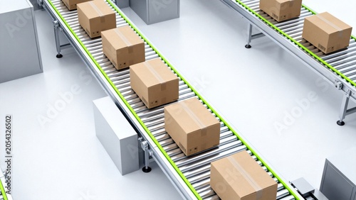 Boxes on Conveyor Belts in Factory