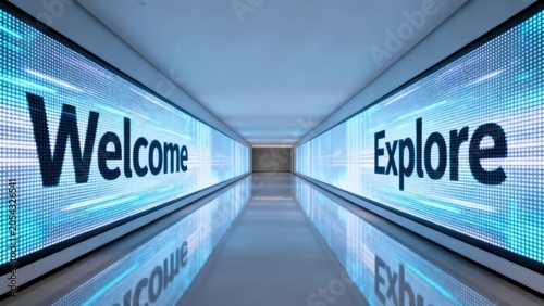 Long corridor with digital welcome and explore signs