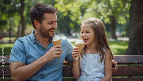 There is a man and a little girl sitting on a bench eating ice cream