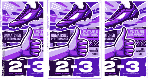 Photos Dynamic football poster with soccer cleats and thumbs up gesture, purple sport i