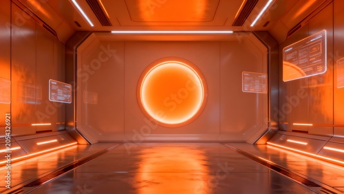 Futuristic corridor with orange lighting
