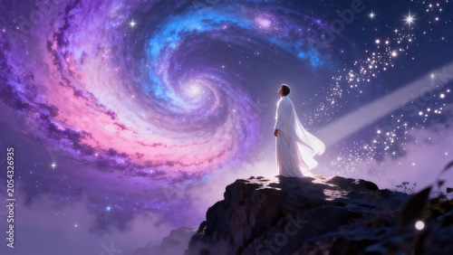 Person in white robe on rock under galaxy