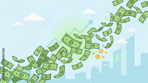 Flying banknotes, flat design vector, scattered money bills, business success concept, green currency notes, clean 2D illustration