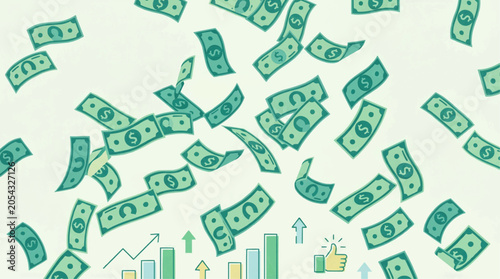Flying banknotes, flat design vector, scattered money bills, business success concept, green currency notes, clean 2D illustration