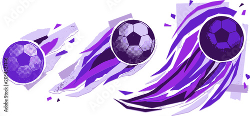 Foto Dynamic purple soccer ball vector set, flying football with motion trails and sp