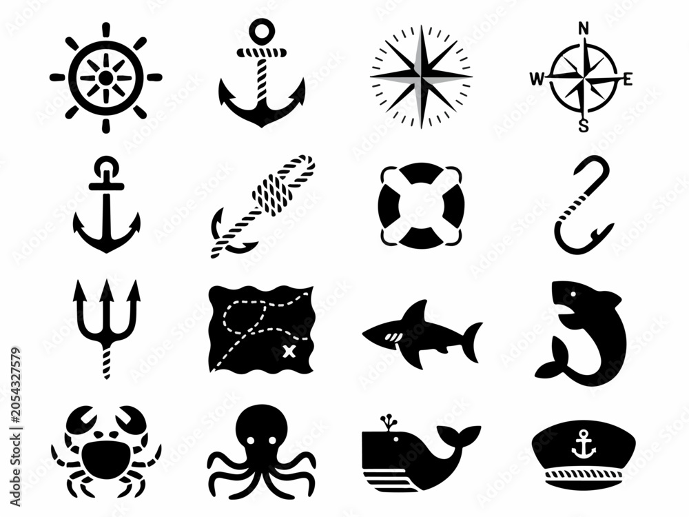 Fototapeta premium Nautical and marine icons set including anchor compass ship wheel and sea creatures perfect for maritime themes and travel designs