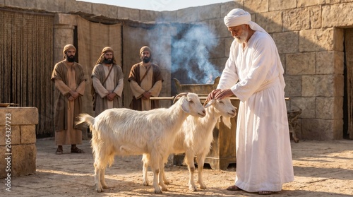 High Priest placing hands on the scapegoat in the ancient Tabernacle courtyard